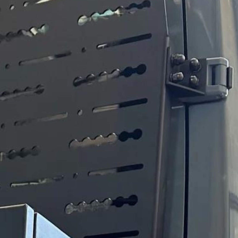 Close up view of the Sprinter Rear Passenger Door Aluminum Gear Rack featuring laser cut L track fitting holes and long slots for customizable mounting options.